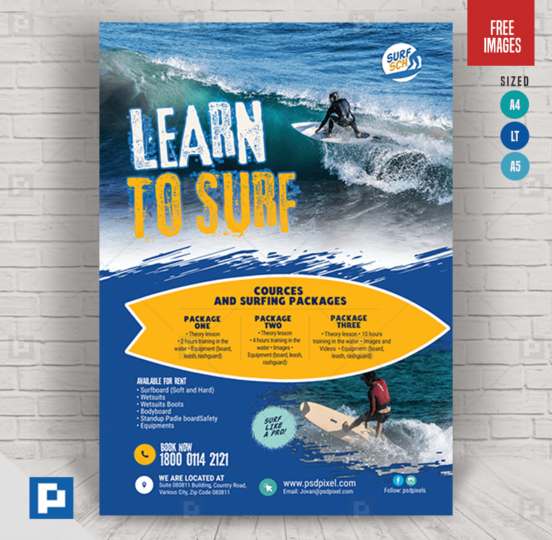Surfing Lessons Flyer PSDPixel