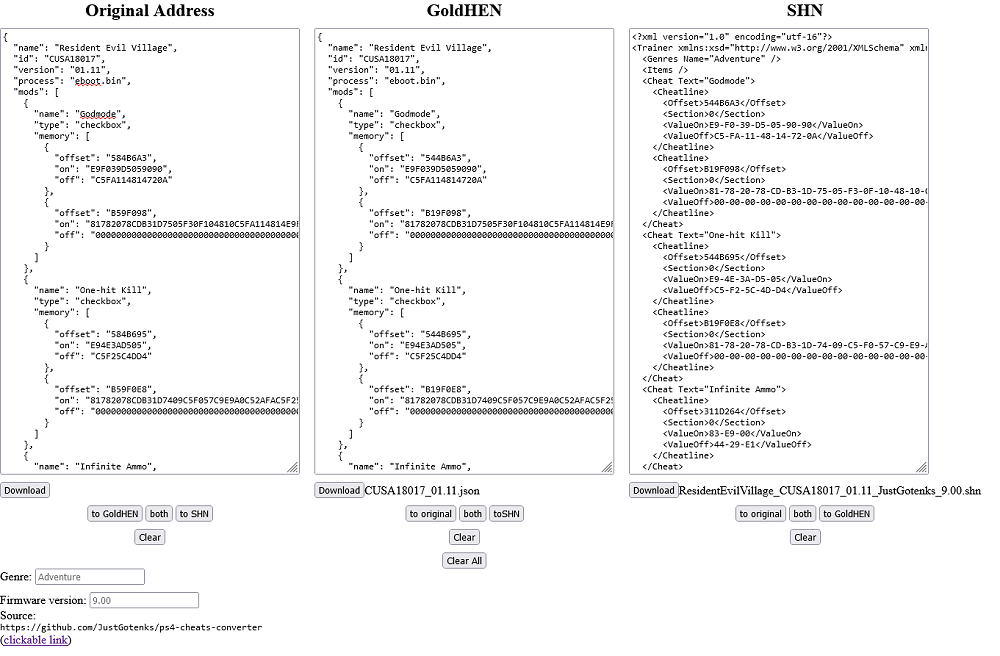 PS4 Cheats Converter for Original Address / GoldHEN / SHN Cheat Types