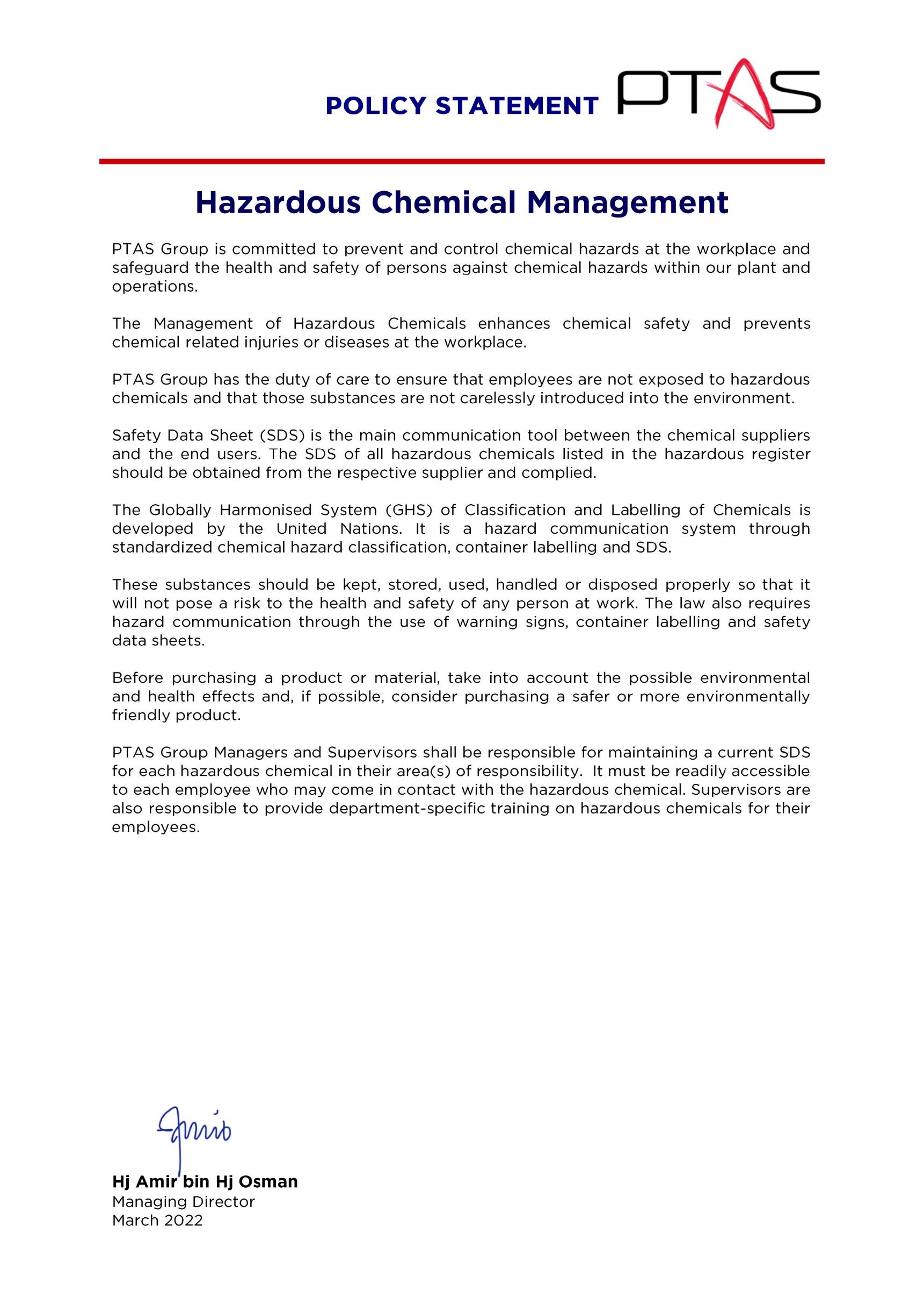 Hazardous Chemical Management PTASGroup