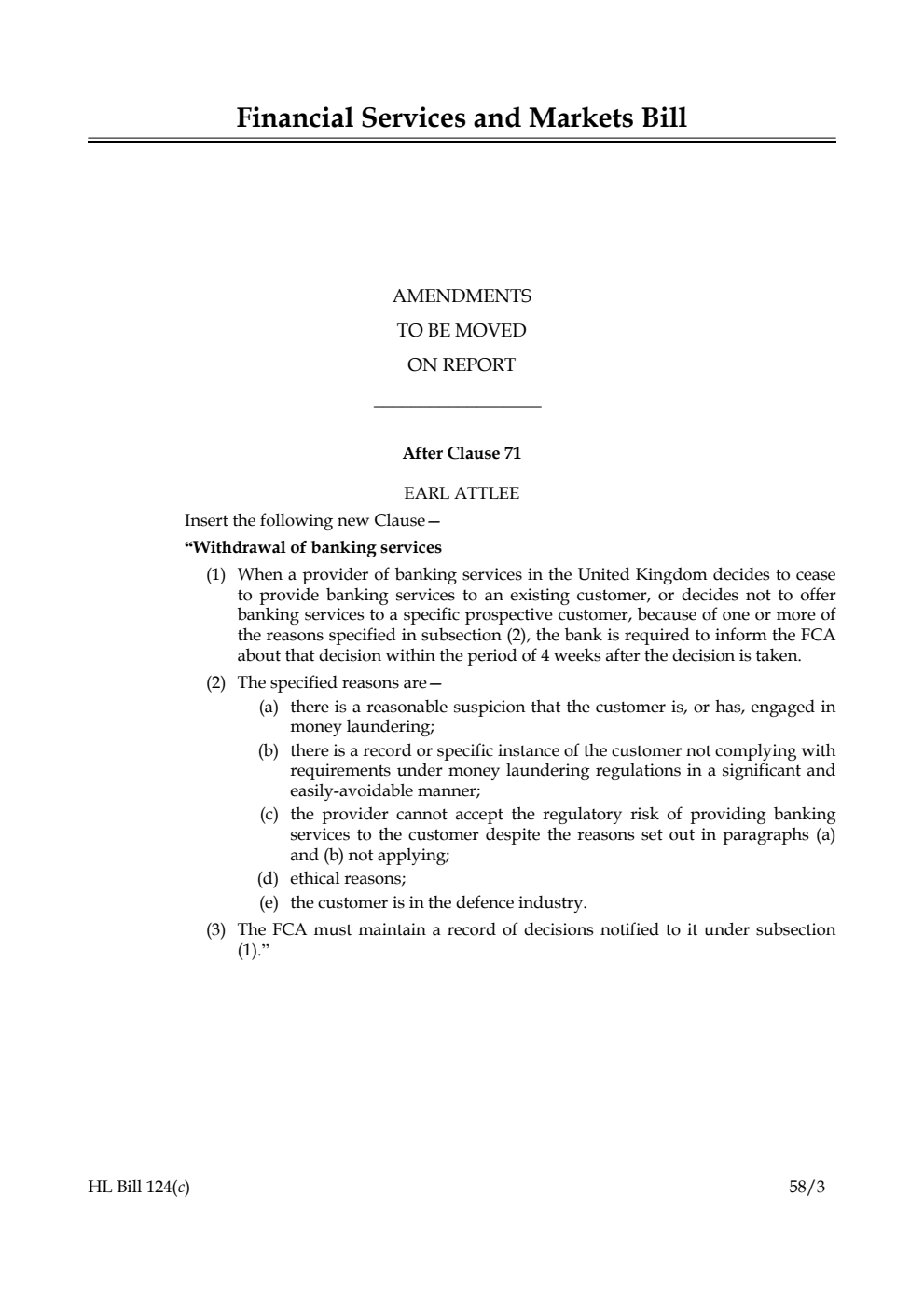 Financial Services and Markets Bill Amendments to be moved on Report