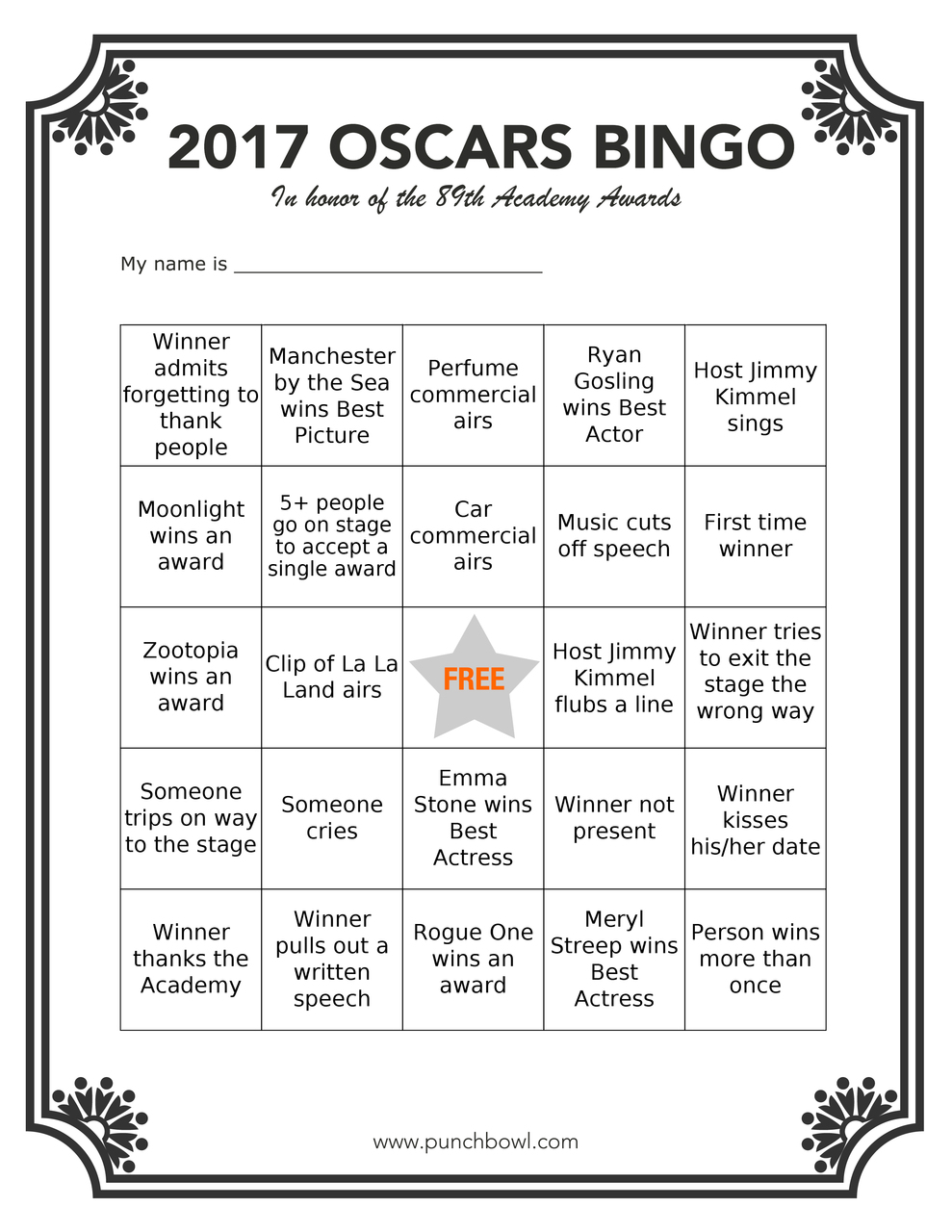 Printable Oscars Bingo