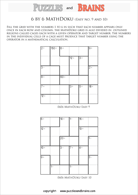 printable 6 by 6 easier level Mathdoku, KenKenlike, math puzzles for