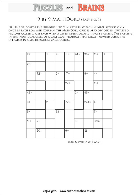 Printable 9 by 9 easier level MathDoku, KenKen like, math puzzles for kids