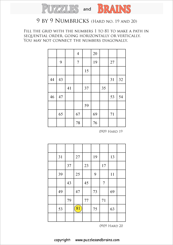 Printable 9 by 9 difficult level Numbrix logic puzzles for kids and adults