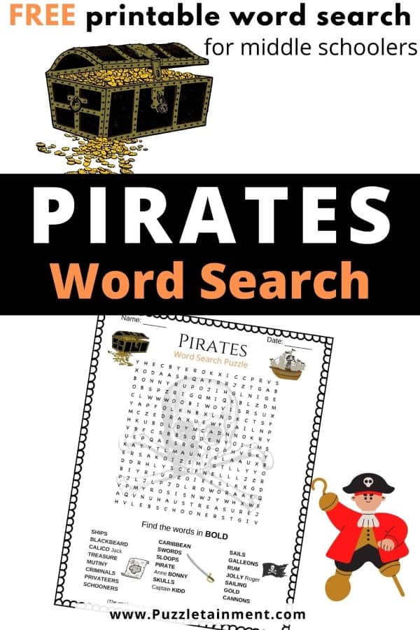 Pirates word search puzzle [free printable for middle schoolers