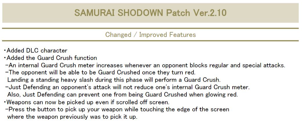 Samurai Shodown Ver. 2.10 Patch Notes PVGF