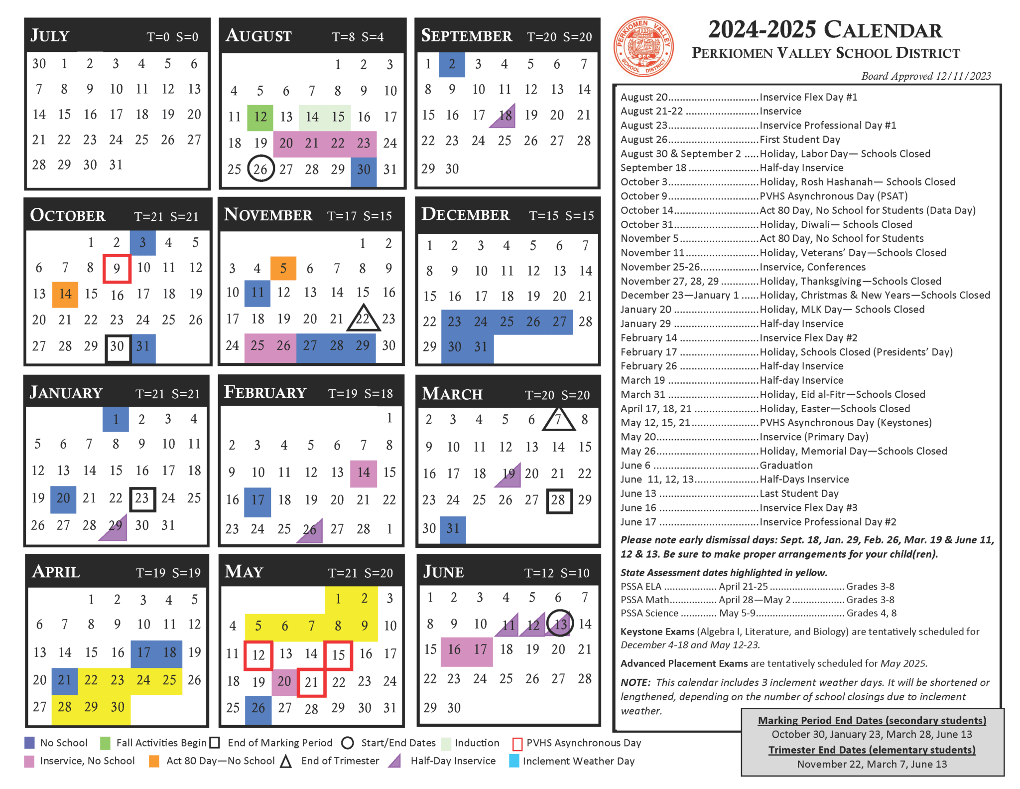 Calendar Perkiomen Valley School District