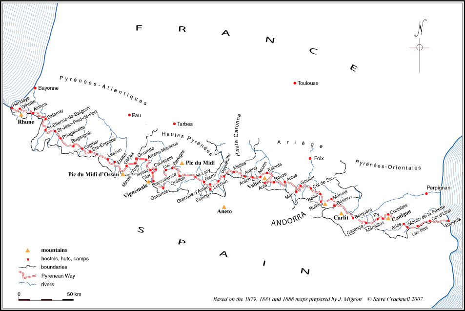 Map of the Pyrenean Way (GR10) with refuges Walking the Pyrenees