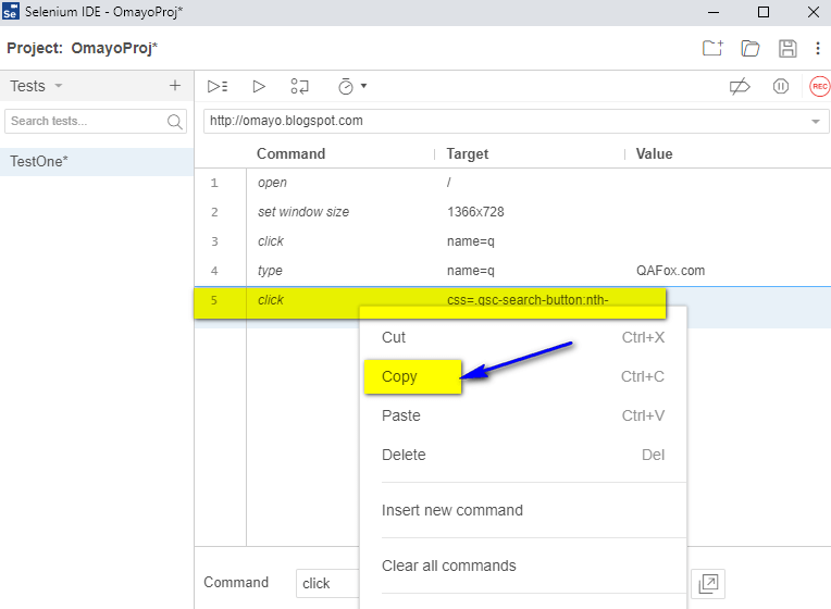 New Selenium IDE Cut, Copy, Paste, Delete and Clear All Commands options QAFox