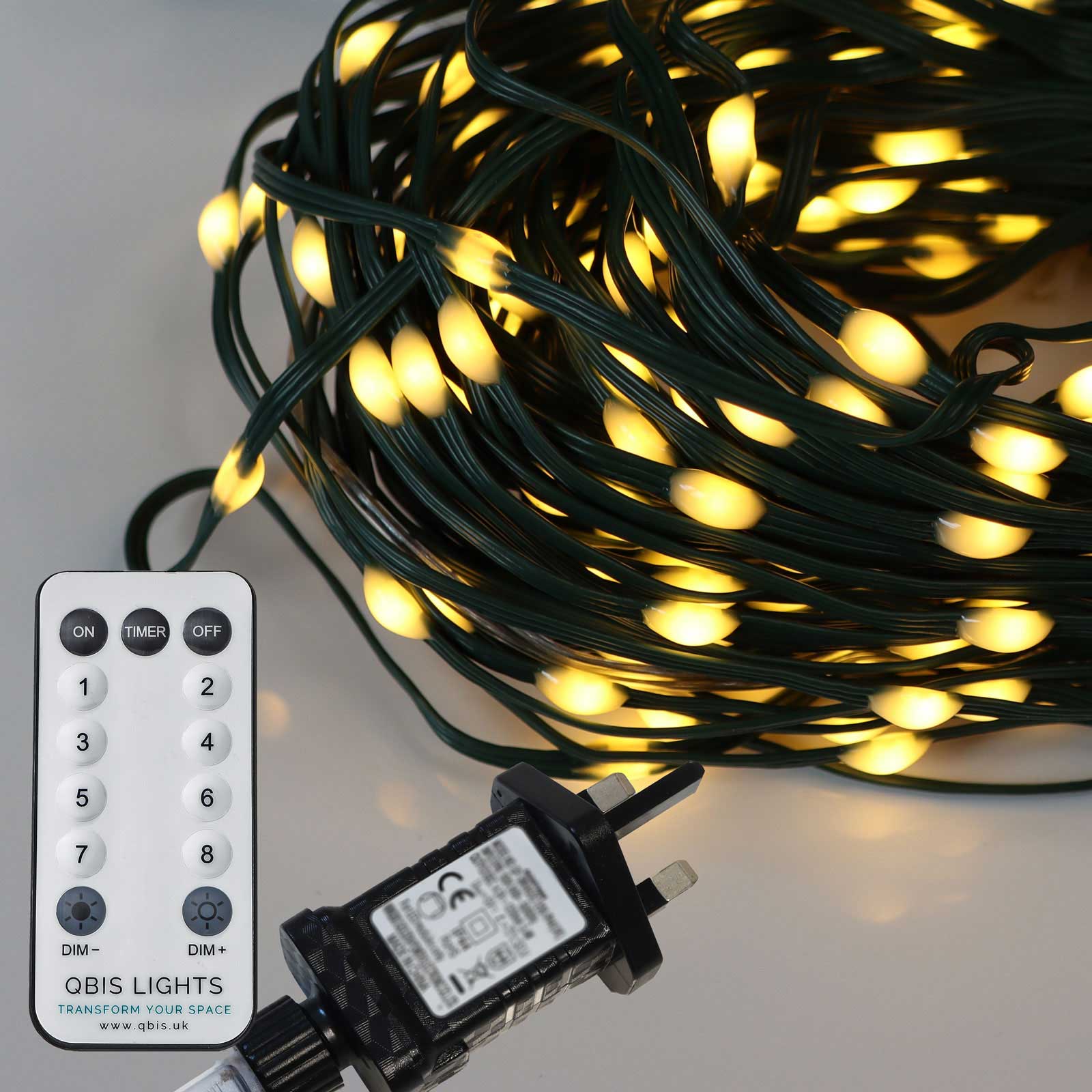 200 Warm White LED Fairy Lights on Green Wire. Multifunction, Remote