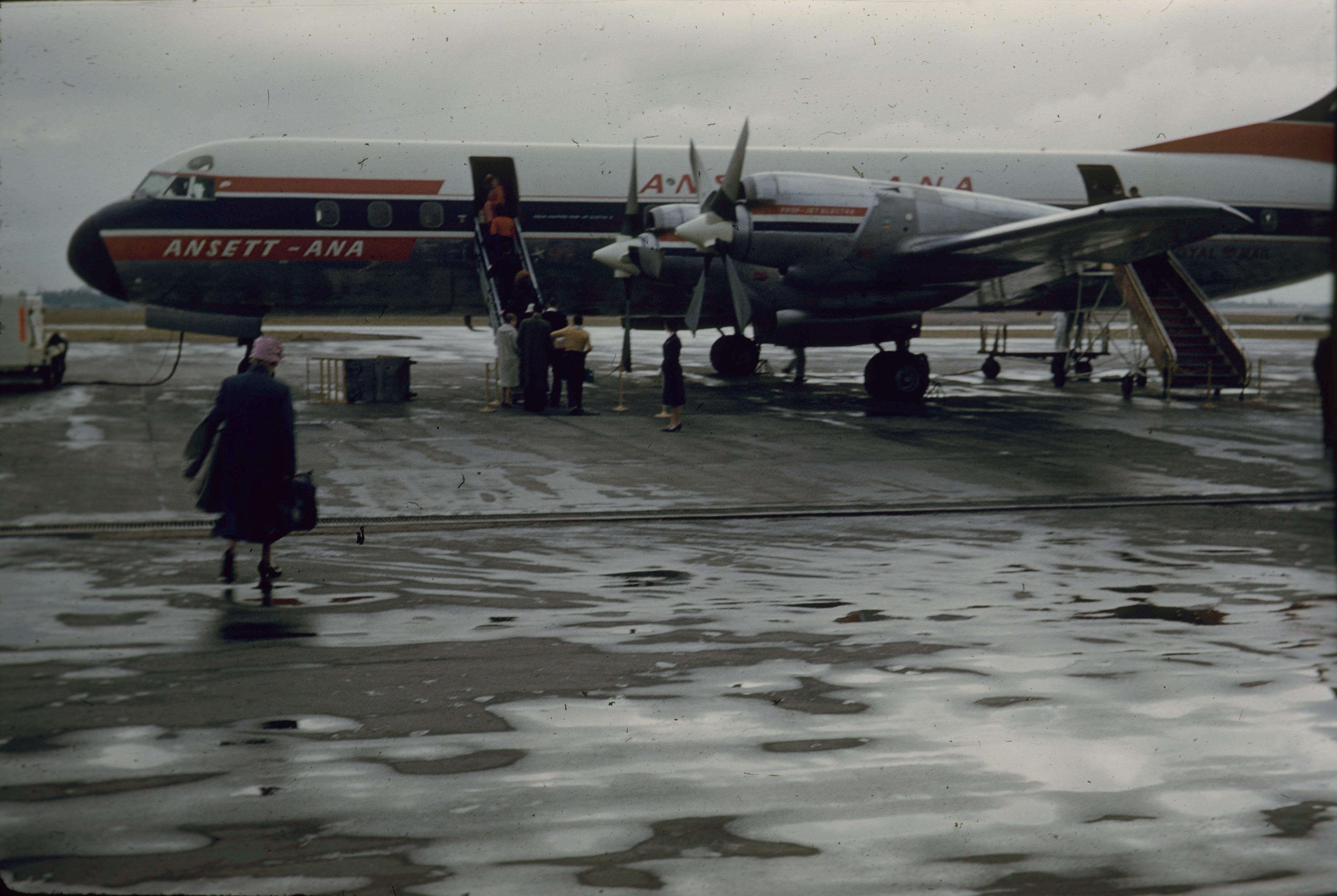 AnsettANA Electra aircraft at airport, Eagle Farm, 1960 Queensland