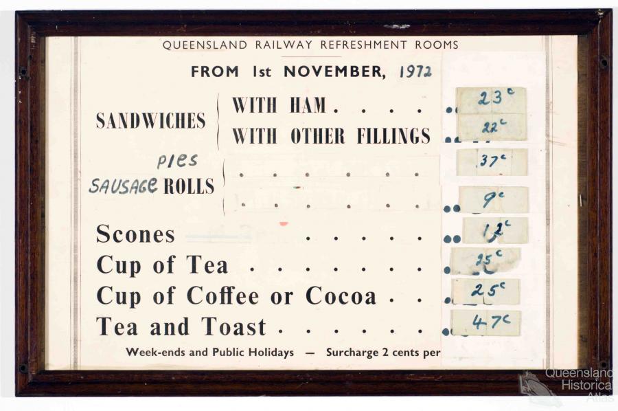 Queensland Railway Refreshment Rooms price list, 1972 Queensland