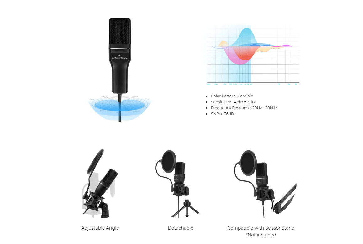 Ergopixel • Condenser Microphone With Tripod】 Black QIMIAO