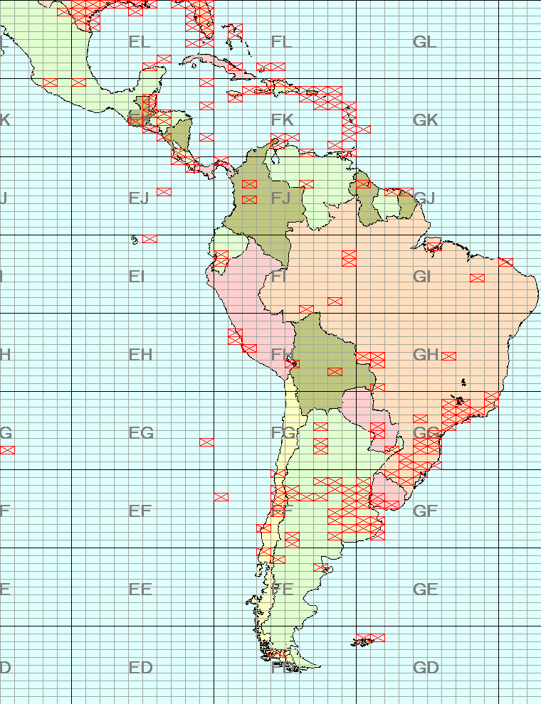 Amateur Radio Central And South America Map 50MHz Grid Squares worked in South America