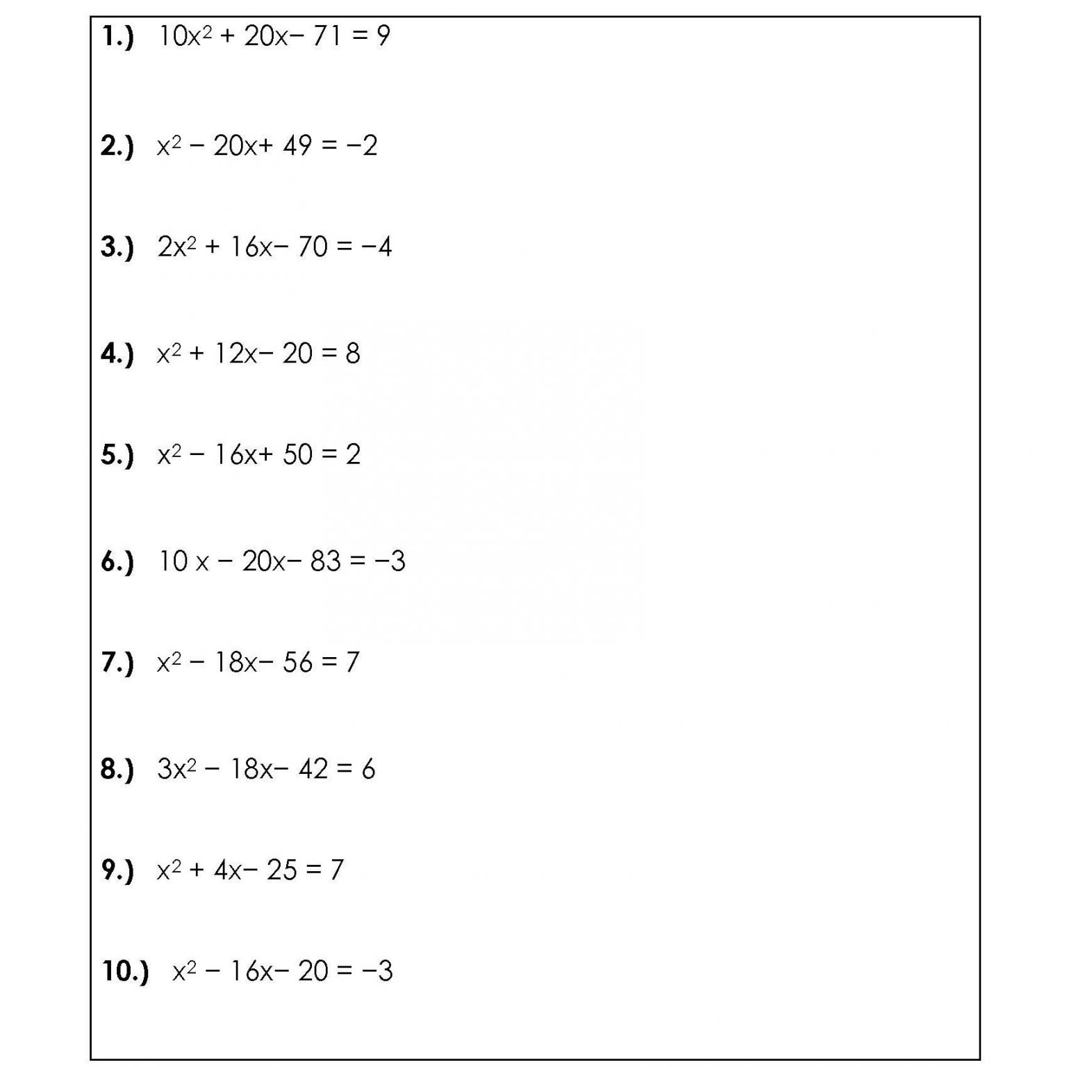 Quadratic Equation Worksheet With Solution Quadratic Equation