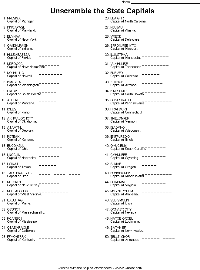 50 states crossword puzzle answers