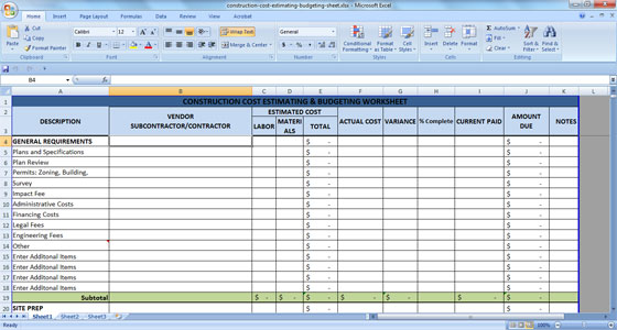 Construction Cost Estimate Template Excel Cost Estimating Budgeting Sheet
