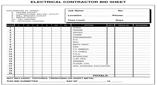 Bid proposal price quote template Electrical Contractor Bid Sheet