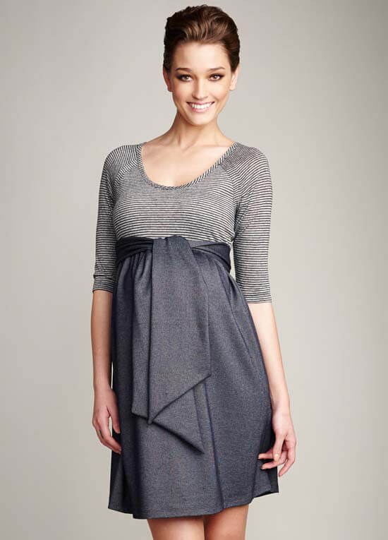 Black Stripe/Denim Front Tie Maternity Dress by Maternal America