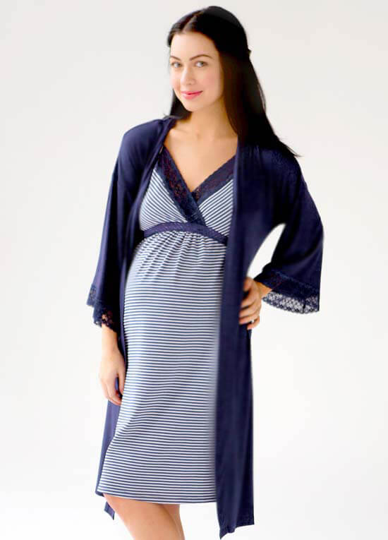 Maternity Nursing Nightie & Robe Set in Navy Stripe by Belabumbum