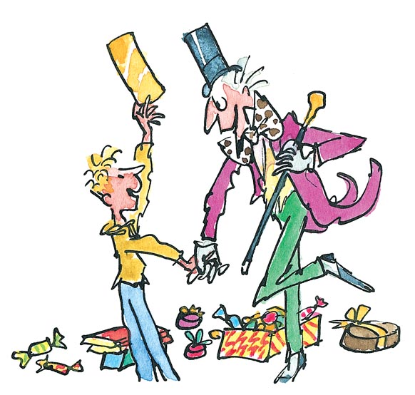 Willy Wonka shaking Charlie by the hand Quentin Blake