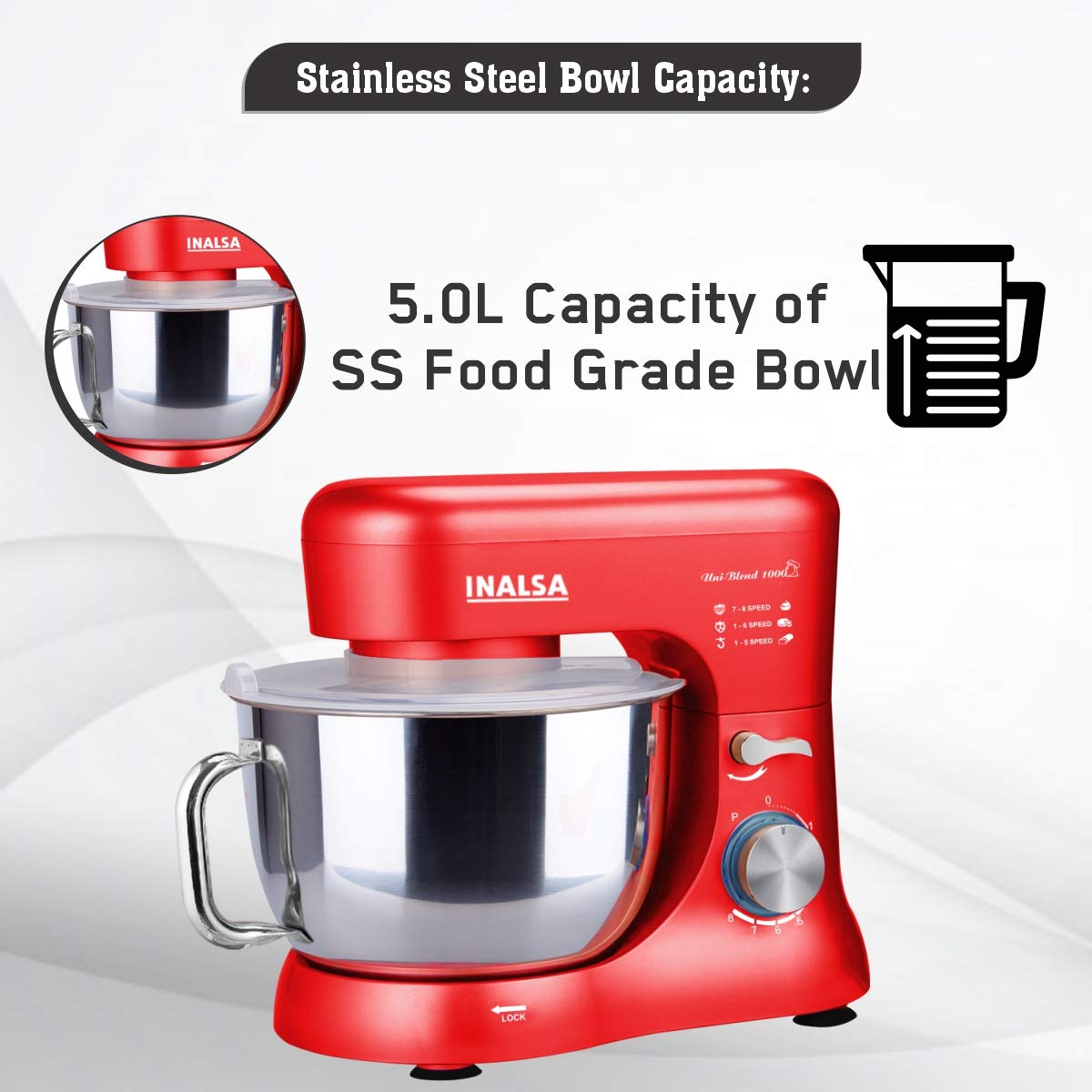 Inalsa Stand Mixer Uni Blend 10001000W with 5L SS Bowl Includes
