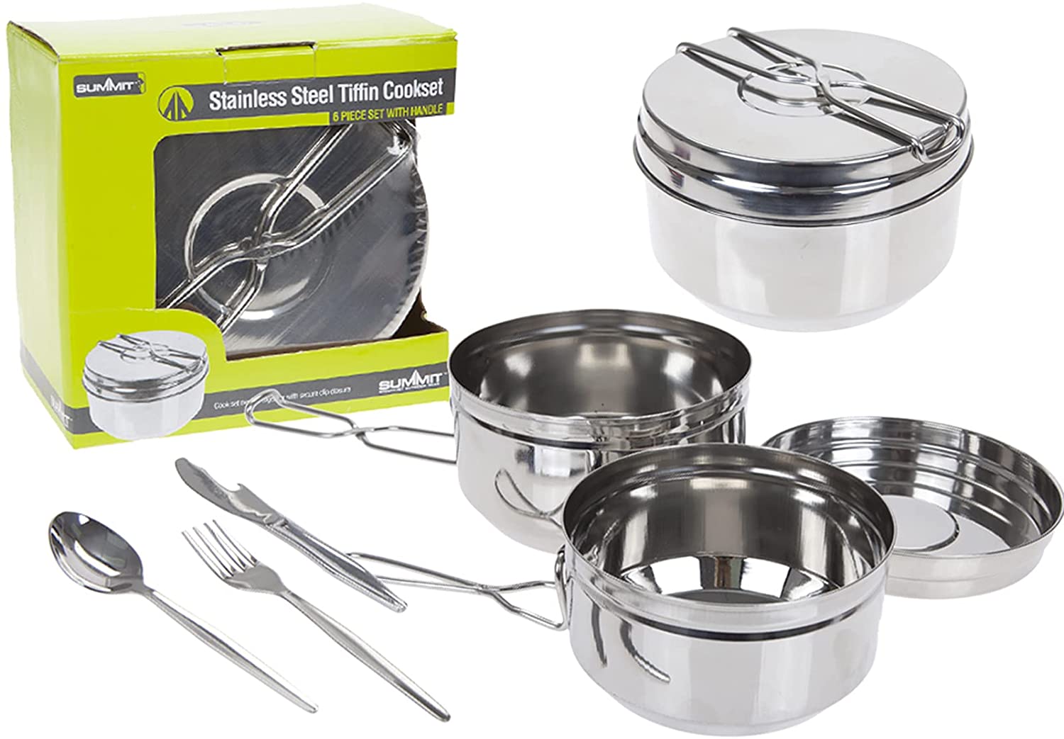 6 Piece Camping Tiffin Cooking Cookware Set Caravan Pots Pans Cutlery