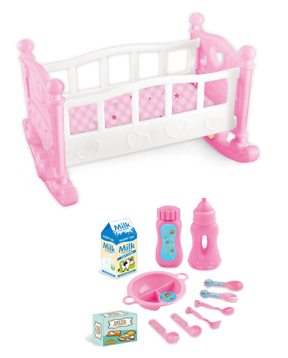 46cm Pink Baby Doll Rocking Cot Crib Bed Toy & Accessories