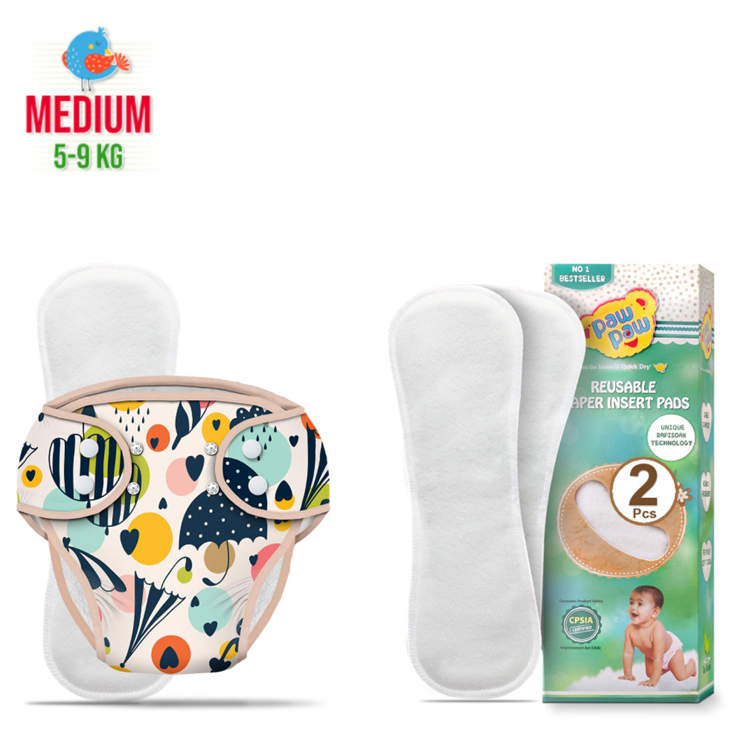 PAW PAW Baby Cloth Diaper with 3 Wet Free Inserts for Night Use Quickdry