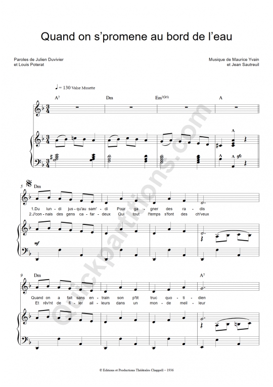 Partition piano Quand on s'promène au bord de l'eau Jean Gabin