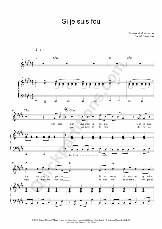 Partition piano Si je suis fou de Daniel Balavoine