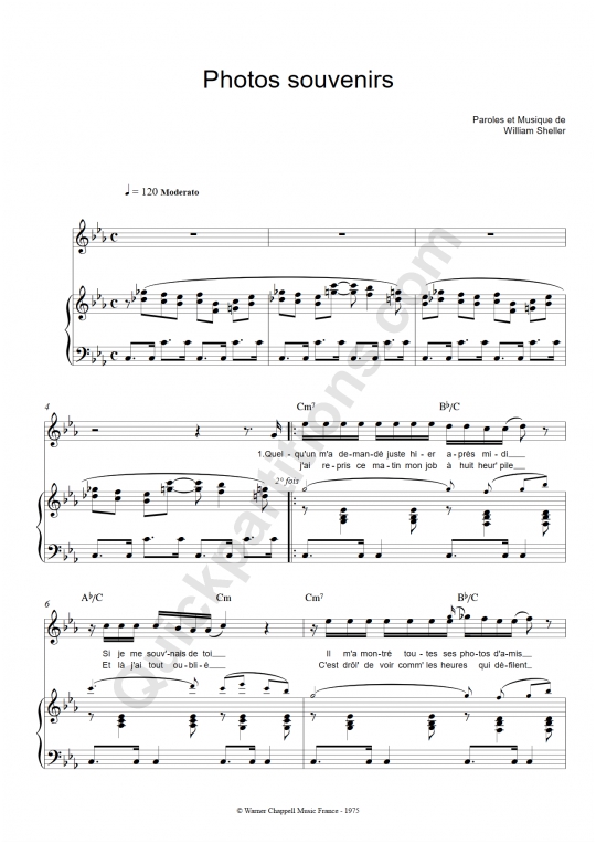 Partition piano Photos souvenirs William Sheller (Partition Digitale)