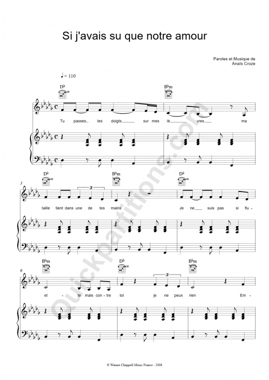 Partition piano Si j'avais su que notre amour de Anais