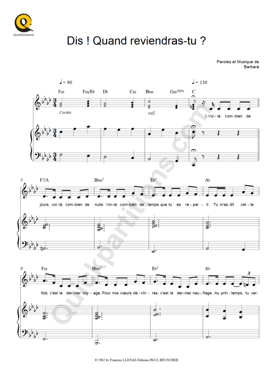 Partition piano Dis ! Quand reviendrastu ? Barbara (Partition Digitale)