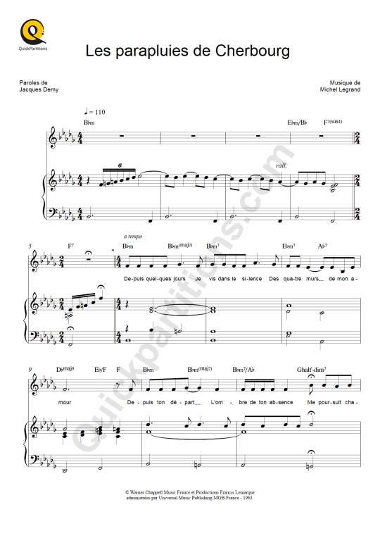 Partition piano Les parapluies de Cherbourg Michel Legrand (Partition