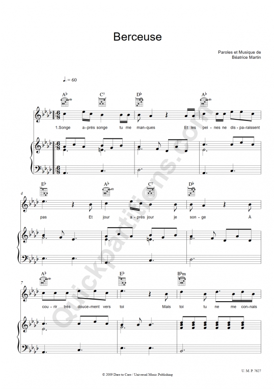 Partition Piano Berceuse Coeur de pirate (Partition Digitale)