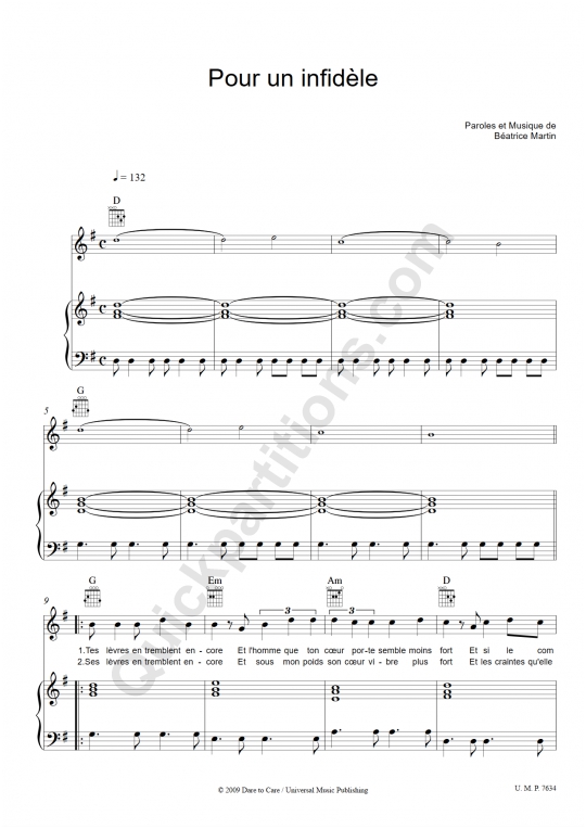 Partition piano Pour un infidèle Coeur de pirate (Partition Digitale)