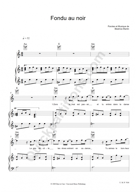 Partition piano Fondu au noir Coeur de pirate (Partition Digitale)