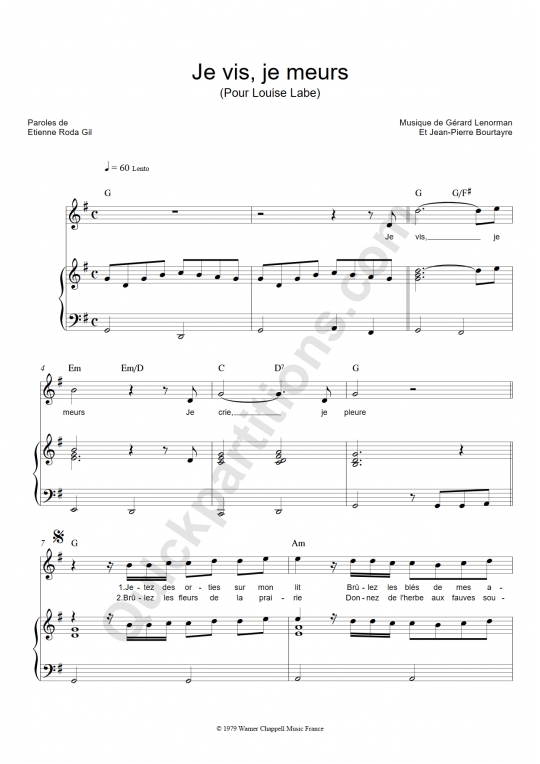 Partition piano Je vis je meurs Grard Lenorman (Partition Digitale)