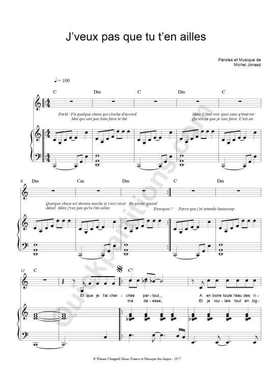 Partition piano J'veux pas que tu t'en ailles Michel Jonasz
