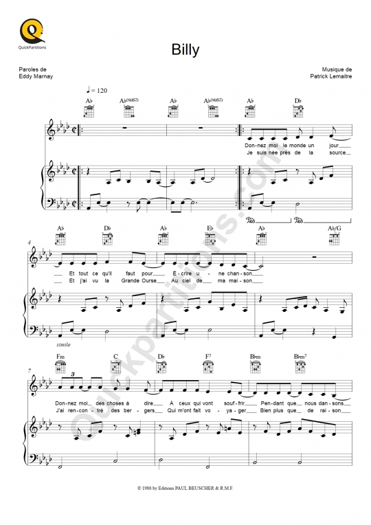 Partition piano Billy de Céline Dion
