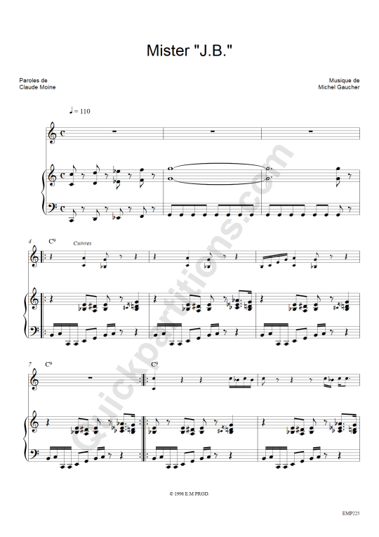 Partition piano Mister JB Eddy Mitchell (Partition Digitale)