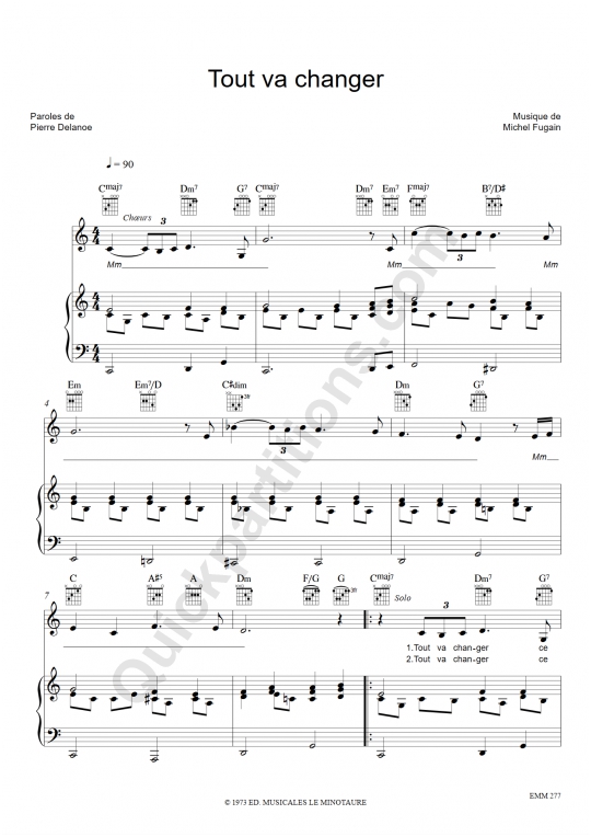 Partition piano Tout va changer Michel Fugain (Partition Digitale)