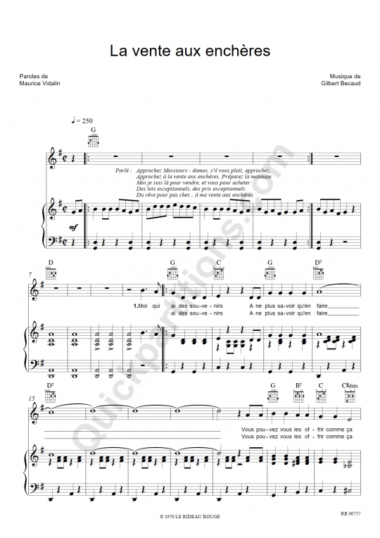 Partition piano La vente aux enchères de Gilbert Bécaud
