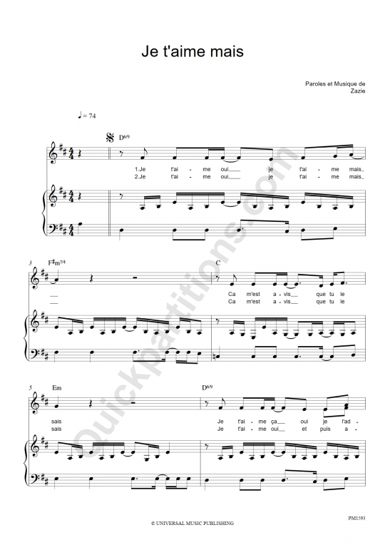Partition piano Je t'aime mais Zazie (Partition Digitale)