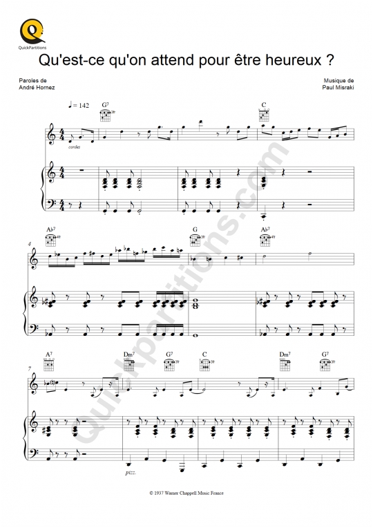 Partition piano Qu'estce qu'on attend pour être heureux de Ray Ventura