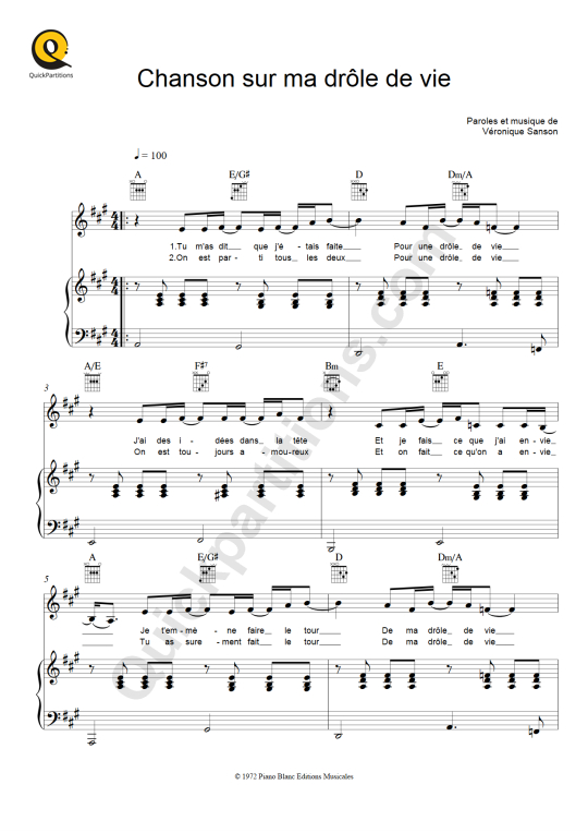 Partition piano Chanson sur ma drôle de vie Véronique Sanson