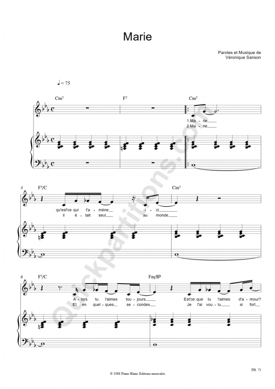 Partition piano Marie de Véronique Sanson