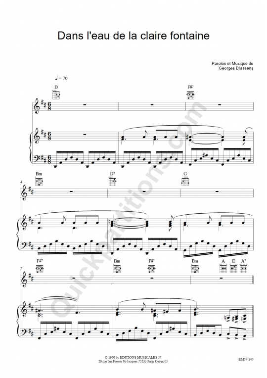 Partition piano Dans l'eau de la claire Fontaine Brassens