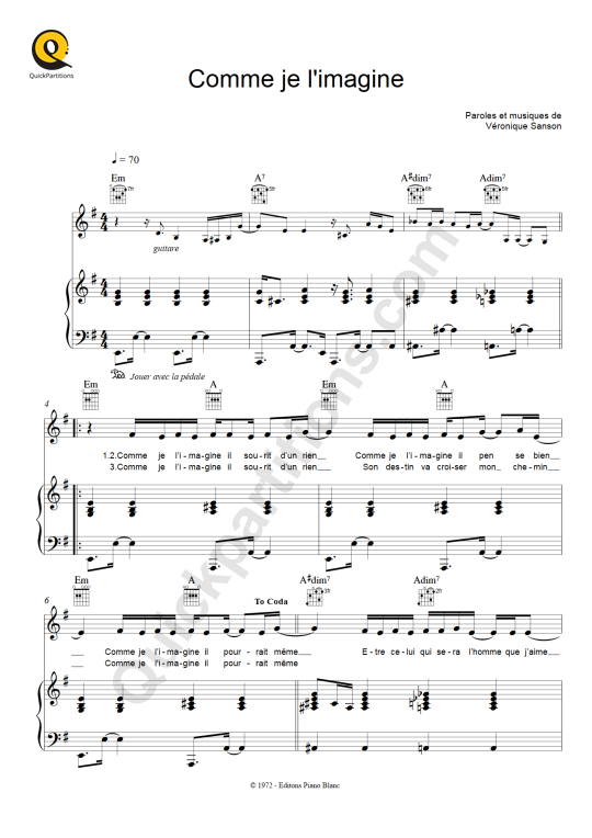 Partition piano Comme je l'imagine Véronique Sanson (Partition Digitale)